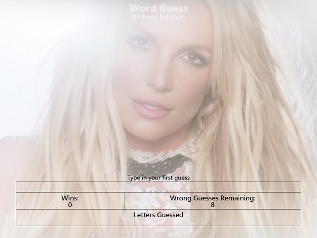 Word Guess Britney web page